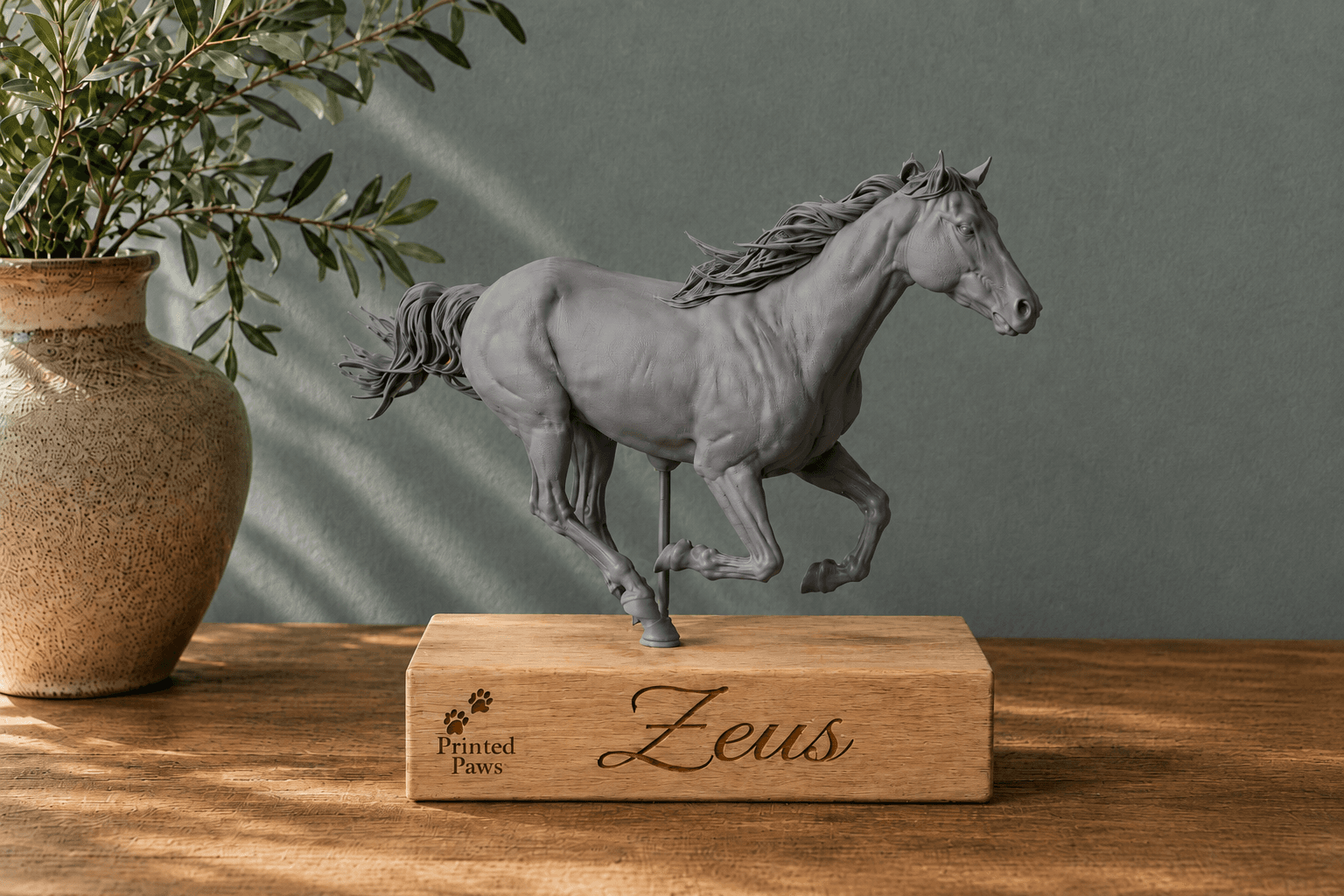 Individuelle Pferdefigur auf einem gravierten Holzsockel